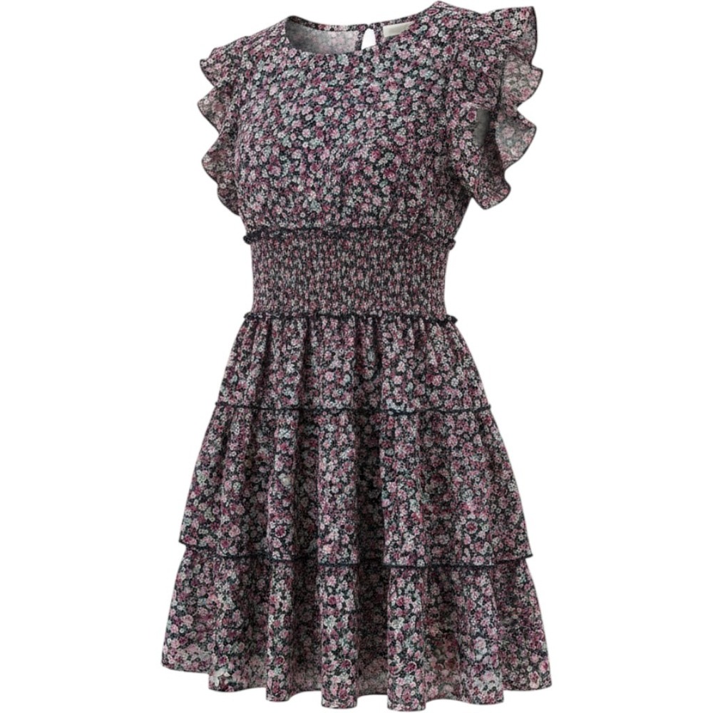 Altar'd State Floral Smocked Waist Tiered Mini Dress Navy Pink XL 26C789RLTI